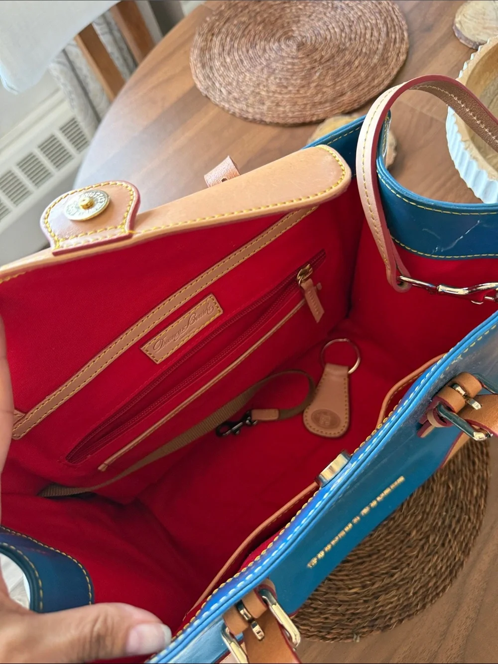 Dooney & Bourke Teal Patent Satchel with Tan Trim and Gold Logo